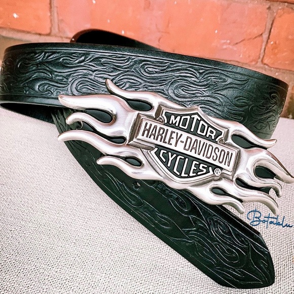 HARLEY-DAVIDSON Flame Tooled Black Leather Belt & Belt Buckle Size 36 - Picture 3 of 16
